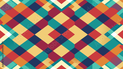 Vibrant geometric pattern with overlapping squares and diamond shapes