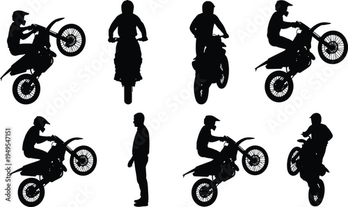 Silhouette illustration of dirt bike riders, performing stunts jumps wheelies, extreme sports concept, motocross action, helmet safety, adventure lifestyle representation
