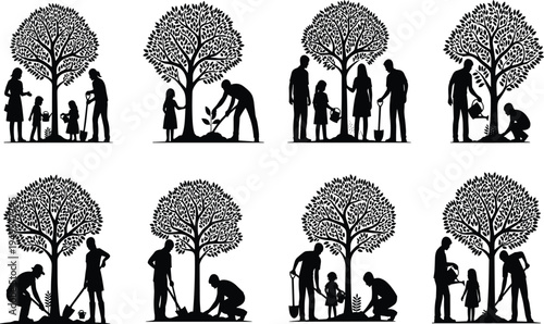 Silhouette illustration of people planting trees, family nurturing environment, children watering plants, eco community teamwork, sustainability nature care concept