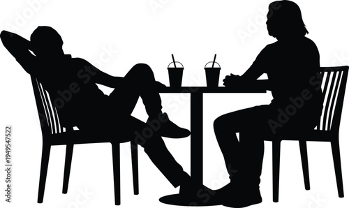 Silhouette people conversation, casual meeting illustration, café table scene, friends talking over drinks, social interaction artwork, black white design