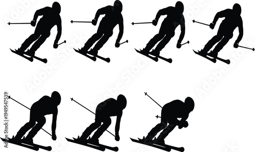 Skier silhouette sequence, downhill skiing illustration, alpine sports artwork, dynamic motion profile, winter activity design, black white athletic graphic set