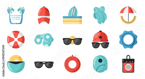 Summer icons collection of colorful beach and vacation related graphic elements