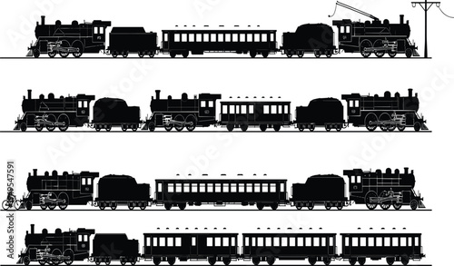 Train silhouette collection, locomotive illustration artwork, passenger car design, coal tender profile, railway transportation graphic, black white mechanical engineering scene