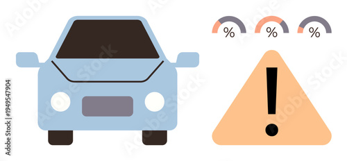 Transportation safety, vehicle diagnostics, system error, maintenance alerts, dashboard icons, road safety. Car next to exclamation mark and graphical indicators. Transportation safety and vehicle