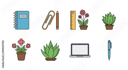 Office supplies and plants illustration