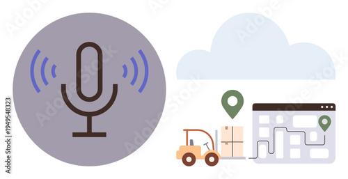 Smart logistics, automation, delivery tracking, cloud services, voice technology, navigation. Graphic showing a microphone, cloud map truck and destination markers. Smart logistics and automation