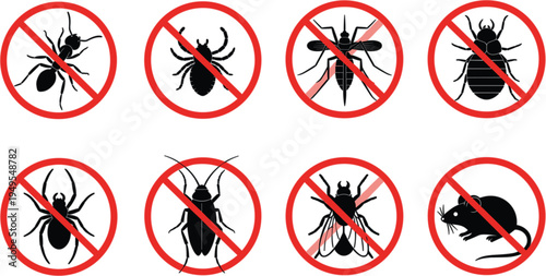 Pest Control Icon Set Featuring Prohibited Signs for Ants Spiders Mosquitoes Cockroaches Flies and Rodents for Extermination Service Design