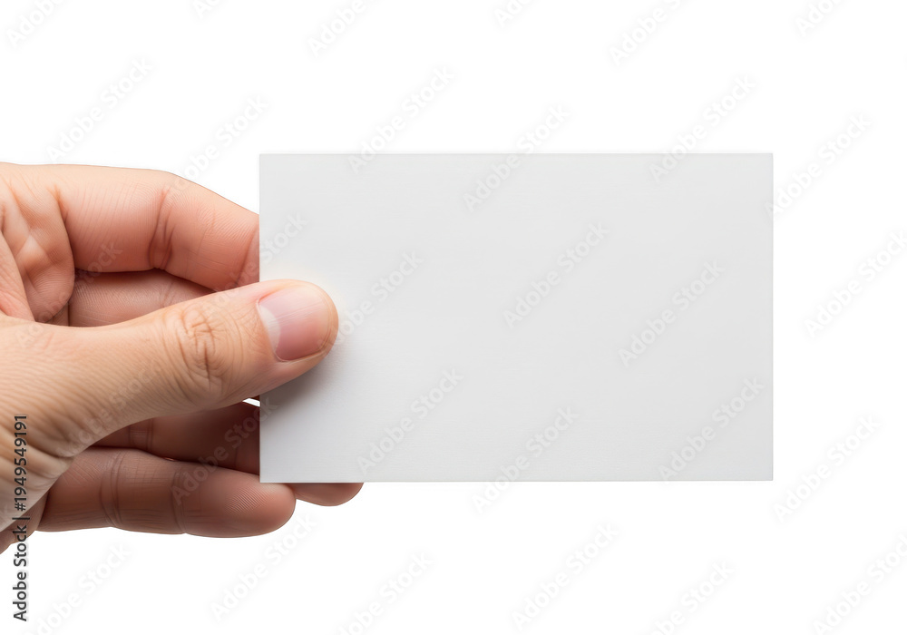 Fototapeta premium Human hand holding a blank white rectangular paper card for displaying professional information text