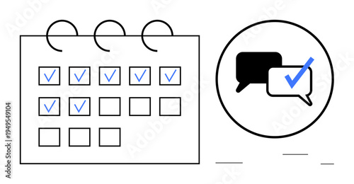 Calendar showing checked tasks for organization and productivity paired with speech bubbles symbolizing communication. Ideal for teamwork, time management, goal tracking, collaboration, workflow