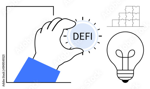 Decentralized finance concept. Decentralized finance ed by hand holding DeFi coin, puzzle elements, and light bulb. Decentralized finance innovation, cryptocurrency, blockchain. Suitable for crypto