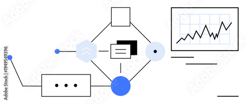 Data analysis, business intelligence, digital transformation, network structure, system integration, tech innovation. Abstract design interconnected shapes and analytics chart. Data analysis