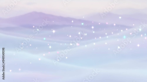 Pastel Dreamscape, Mountains Emerging from Clouds with Glittering Stars and Hearts