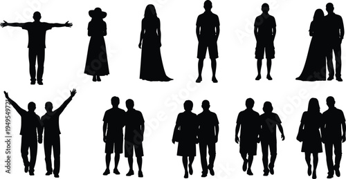 Black silhouettes of diverse people standing and walking in pairs or solo including men and women in various lifestyle poses