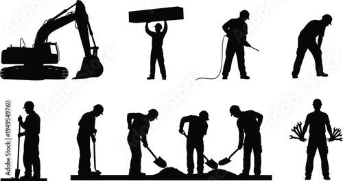 Construction Workers Silhouette Collection Featuring Excavator Operators Manual Laborers Digging with Shovels Jackhammering and Skilled Repairman Holding Wrenches for Industry Projects