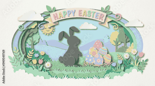 Charming papercut style layered scene depicts a happy easter celebration with a silhouette bunny colorful decorated eggs in a nest blooming