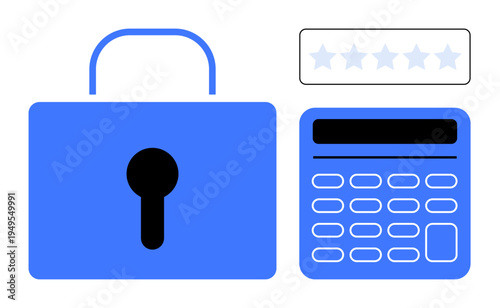 Cybersecurity, data protection, online security, digital privacy, access control, security rating. Blue padlock with keypad and password stars. Cybersecurity and data protection concept