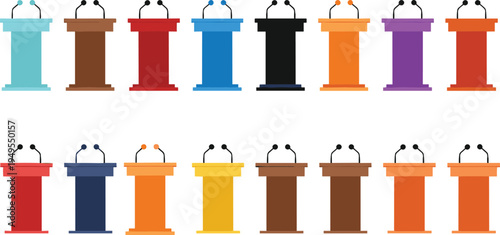 Vector illustration of colorful podiums with microphones for press conferences, news reports, debates, public speaking events, and media presentation set.