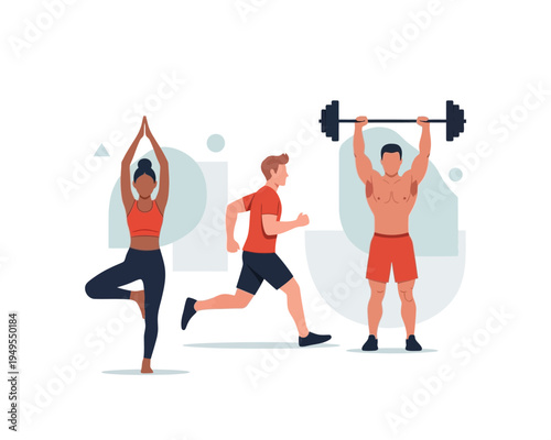 Diverse group of people engaging in various fitness activities like yoga, running, and weightlifting, promoting a healthy lifestyle.