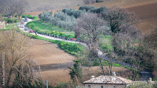 Italy, March 13, 2026: Professional cyclists during the Marotta-Mombaroccio stage of the Tirreno-Adriatico. Del Toro, Pelizzari, Jorgenson, Ganna, Milan, van der Poel, and Seixas are the favo