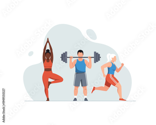 Diverse group of people engaging in various fitness activities like yoga, weightlifting, and running, promoting a healthy and active lifestyle.
