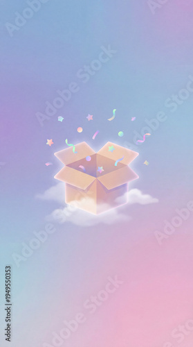 Open gift box with festive confetti on pastel background