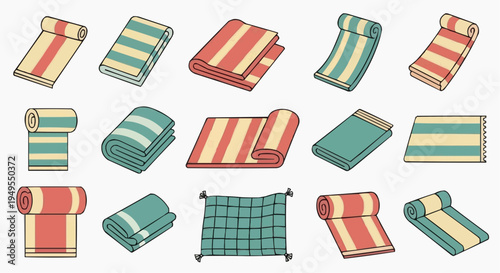 A collection of various beach towel designs with stripes and various patterns.