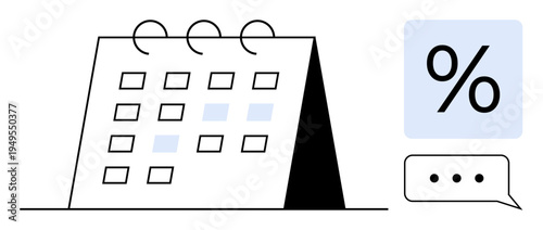 Time management, financial planning, scheduling, event organization, marketing strategies, business analytics. A calendar with a percentage symbol and speech bubble. Time management and financial