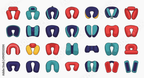 A diverse collection of neck pillows with different styles and colors, symbolizing travel and comfort