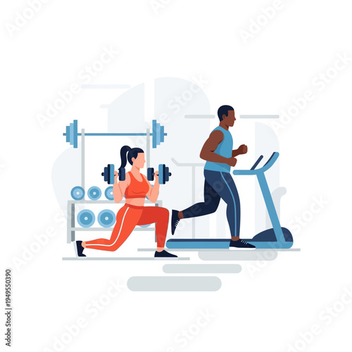 Man running on a treadmill and woman performing lunges with dumbbells in a contemporary gym setting, symbolizing active fitness.