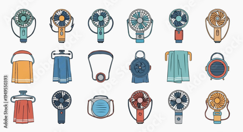 Collection of various fans and towels for cooling and refreshing purposes. The image showcases a diverse set of portable fans and towels, perfect for beating the heat