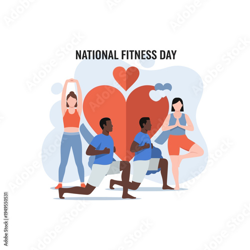 Diverse group of people exercising together, celebrating National Fitness Day with various workouts like stretching, lunges, and yoga, promoting health and well-being.