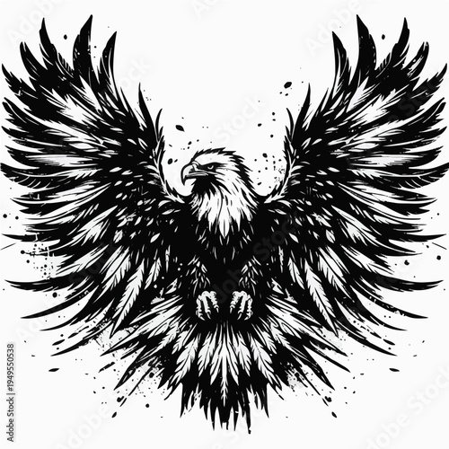 Black and white grunge style illustration of a majestic eagle with spread wings and ink splatters