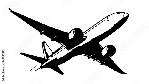 Black and white grunge style illustration of commercial airplane flying in sky with motion and ink splatters