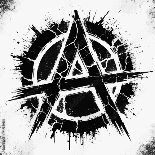 Black and white grunge style illustration of distressed anarchy symbol with cracks and ink splatters on white
