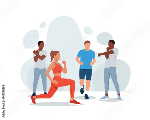 Diverse group of people engaged in various fitness activities, including stretching, lunging, and running, in a bright, abstract setting.
