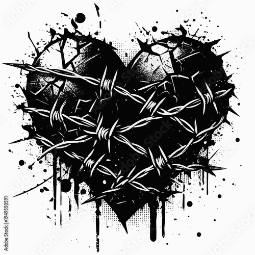 Black and white grunge style illustration of heart shape wrapped in barbed wire with drips and ink splatters