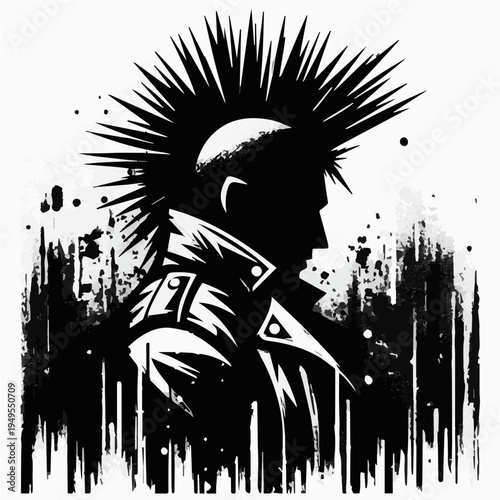 Black and white grunge style illustration of punk man with spiky mohawk jacket profile and ink splatters