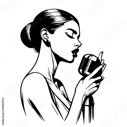 Black and white grunge style illustration of female singer holding vintage microphone with closed eyes and ink splatters