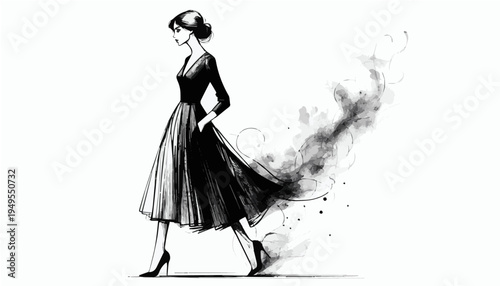 Black and white grunge style illustration of elegant woman in flowing dress walking with smoke effect and ink splatters