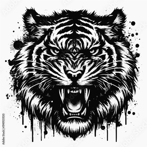 Black and white grunge style illustration of fierce tiger head roaring with teeth and ink splatters