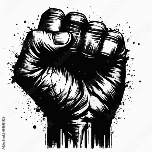 Black and white grunge style illustration of strong clenched fist raised with power and ink splatters
