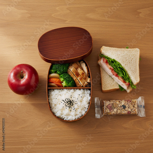 School Lunch Foods Flat Lay with Apple and Sandwich