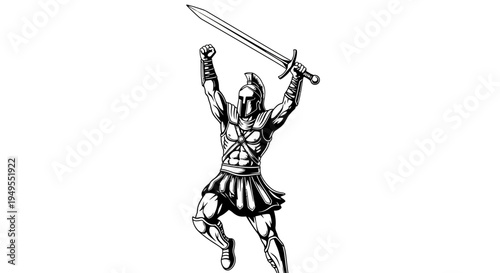 Victorious Spartan warrior raising sword in celebration of triumph, isolated white background.