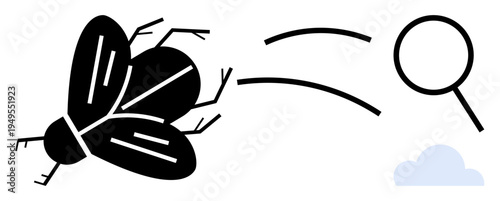 Fly moving toward magnifying glass, visualizing exploration, observation, bug study, pest control, investigation, curiosity, and discovery. Ideal for research concepts simple flat metaphor