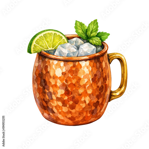 A watercolor vector of a Moscow mule cocktail in a copper mug with lime and mint garnish for bar drink illustrations, cocktail menu designs, and refreshing beverage clipart.