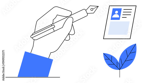 Creativity concept. Creativity through hand holding pen, document, and leaf elements. Creativity promotes writing, nature, and expression. Great for content creation, art innovation education