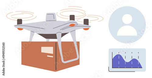 Logistics, delivery services, technology, data analysis, user interface, automation. quadcopter delivering a package, user icon and analytics graph. Logistics and delivery services concept