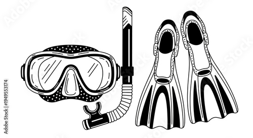 Black and White Diving Mask with Snorkel and Scuba Fins Isolated on White Background