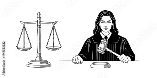 Symbol of justice and order continious line art drawing. Libra or law identity concept. Woman judge holds a judge's gavel in her hand. Vector illustartion isolated on white background.