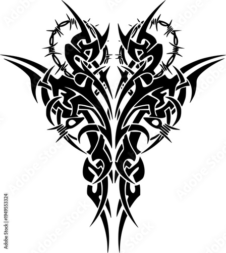Neo tribal art constructor. Y2k cyber sigil aesthetic tattoo, simmetric ethnic celtic shape. Vector illustration of emo gothic tribal tattoo designs, acid metal music poster. 